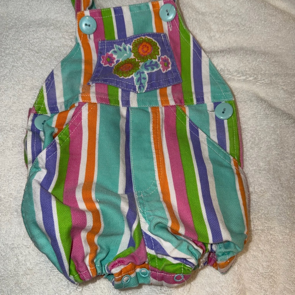 Vintage 90s Baby Girl Overalls Colorful Striped Flower Pockets Shortalls Cotton